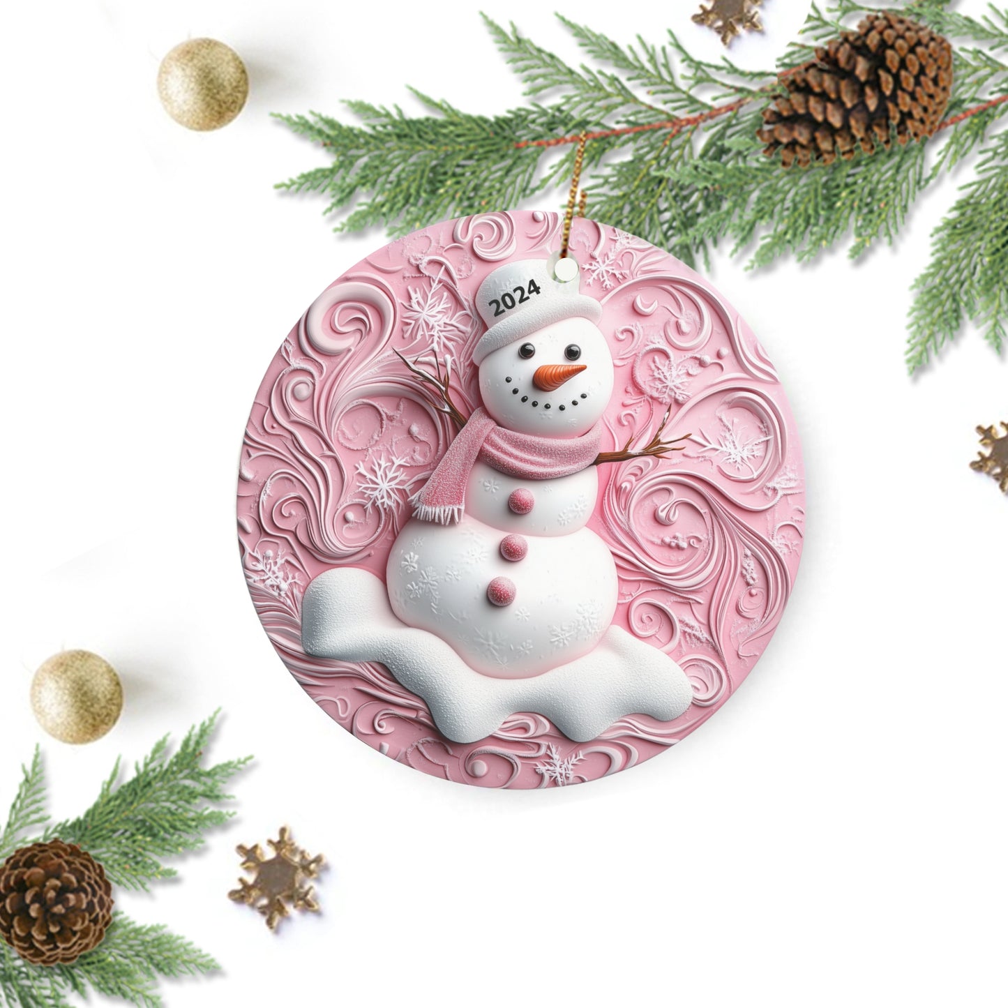 2024 Snowman Ornament Pink Swirls