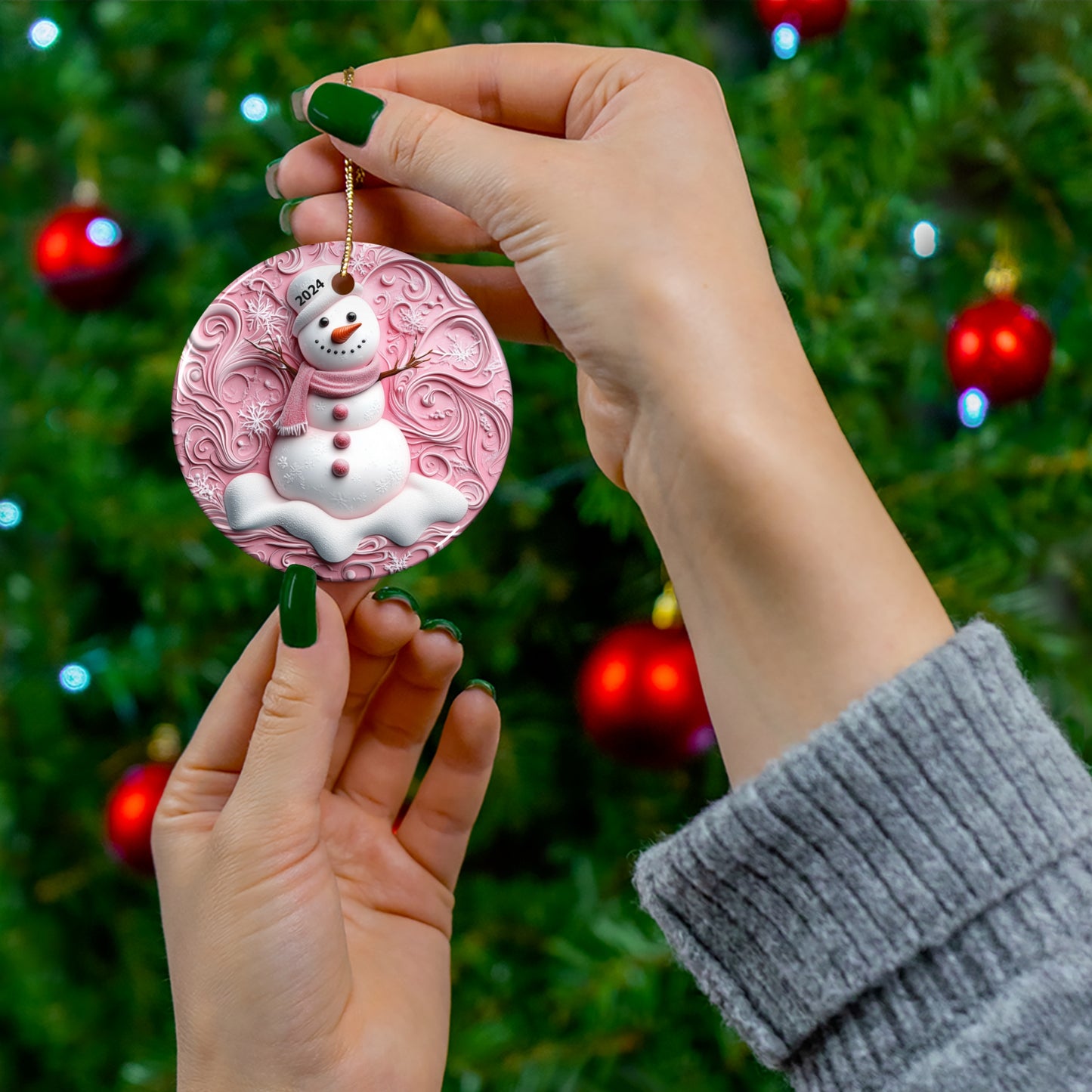 2024 Snowman Ornament Pink Swirls