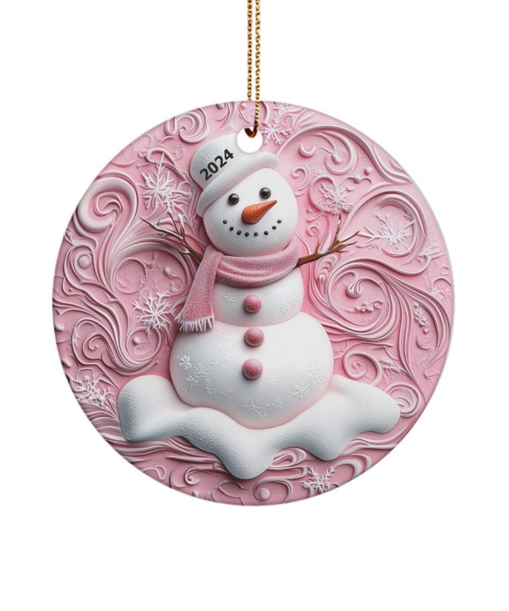 2024 Snowman Ornament Pink Swirls