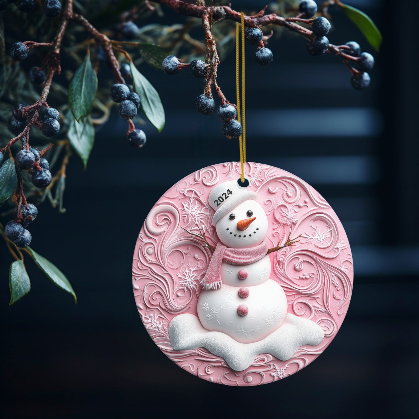 2024 Snowman Ornament Pink Swirls