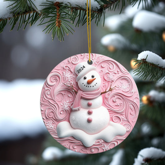 2024 Snowman Ornament Pink Swirls