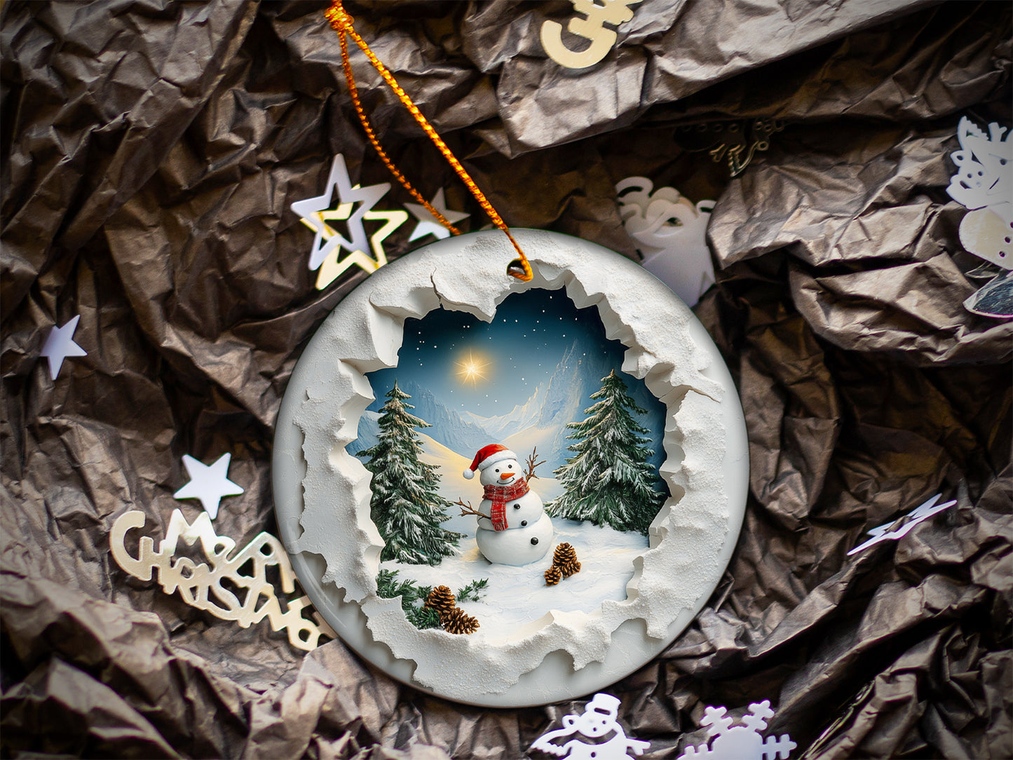 Snowman Mountain Christmas Scene Through Broken Wall Ornament