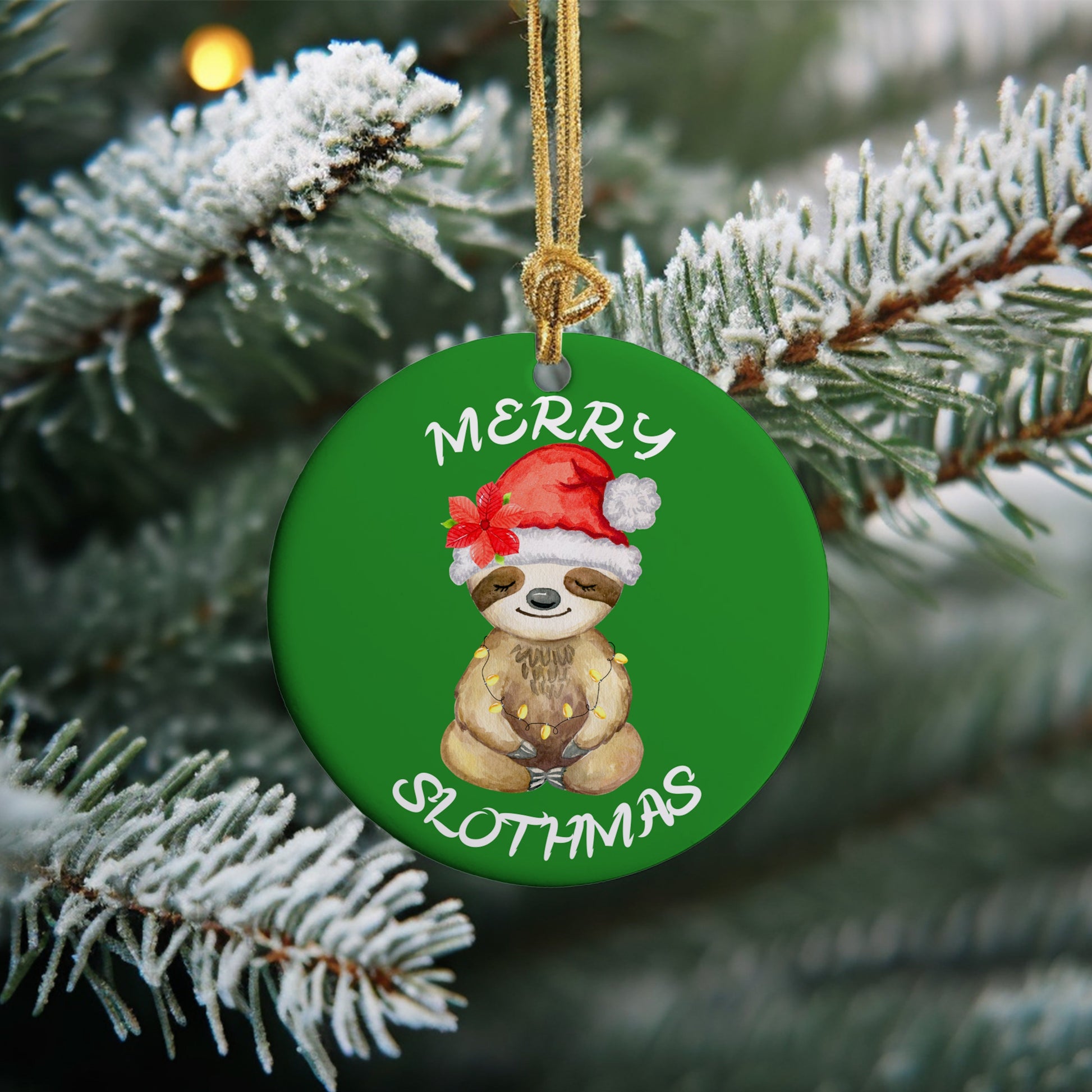 Each ornament features a delightful sloth adorned with Christmas lights and a festive Santa hat with a poinsettia with the words Merry Slothmas.