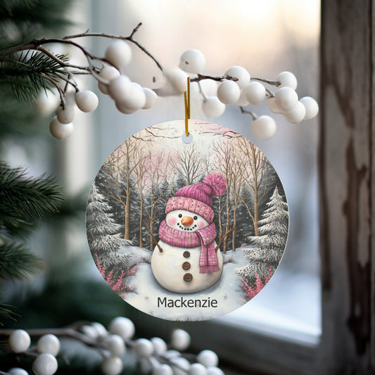 Personalized Pink Snowman Ornament