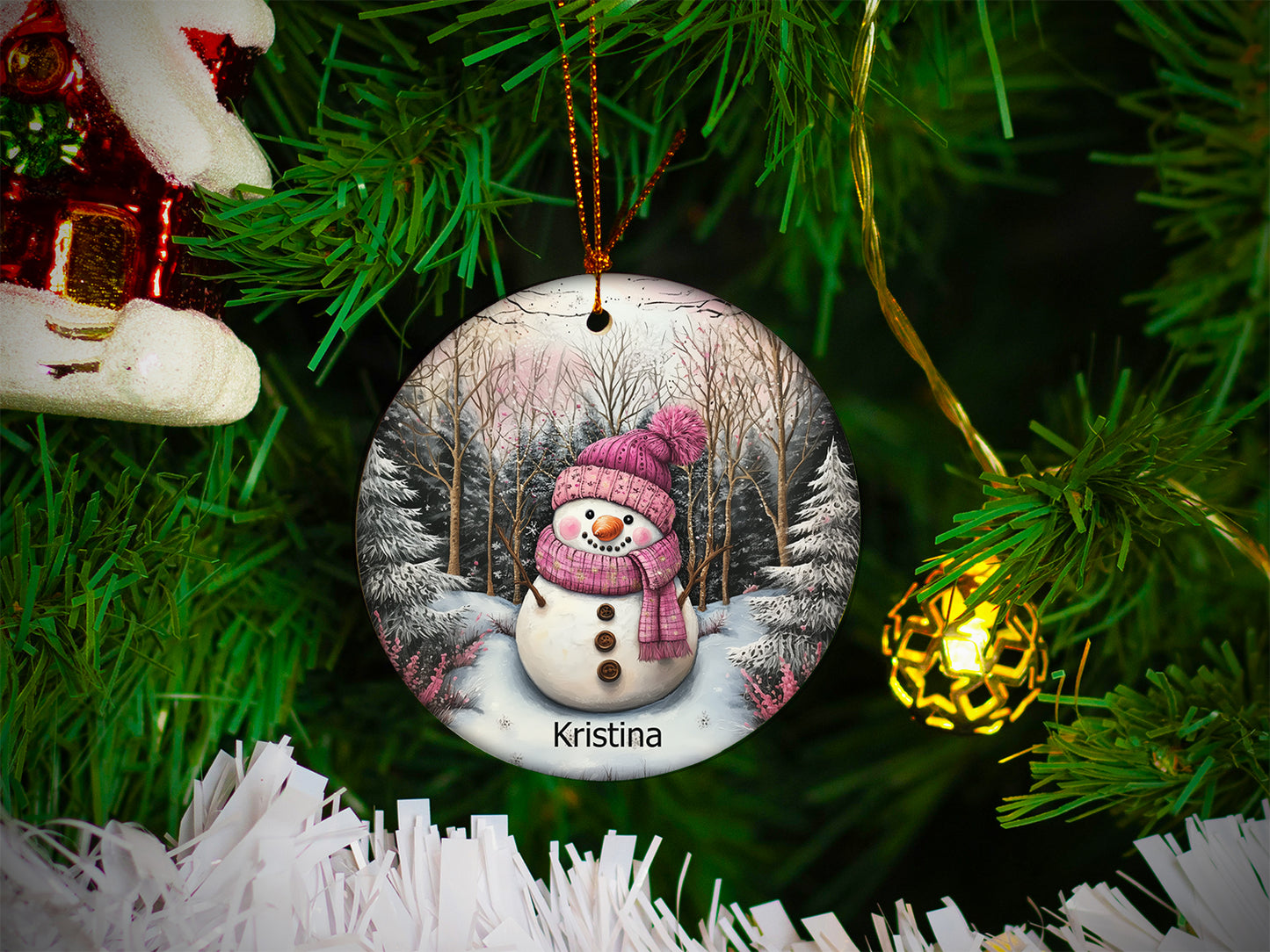 Personalized Pink Snowman Ornament