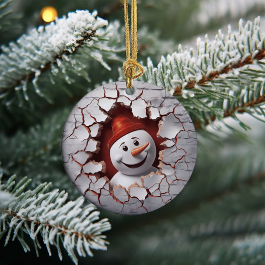 This delightful 3D snowman ornament features a cheerful snowman who seems to have broken through a snowy wall, just like a festive version of the Kool-Aid Man! With his carrot nose, coal eyes, and a joyful grin, he's ready to bring laughter and joy to your Christmas celebrations.