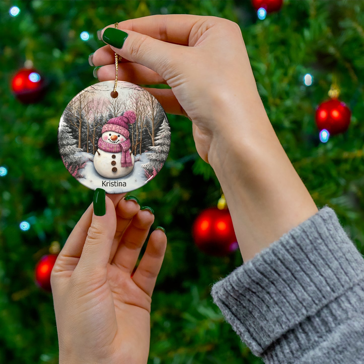 Personalized Pink Snowman Ornament