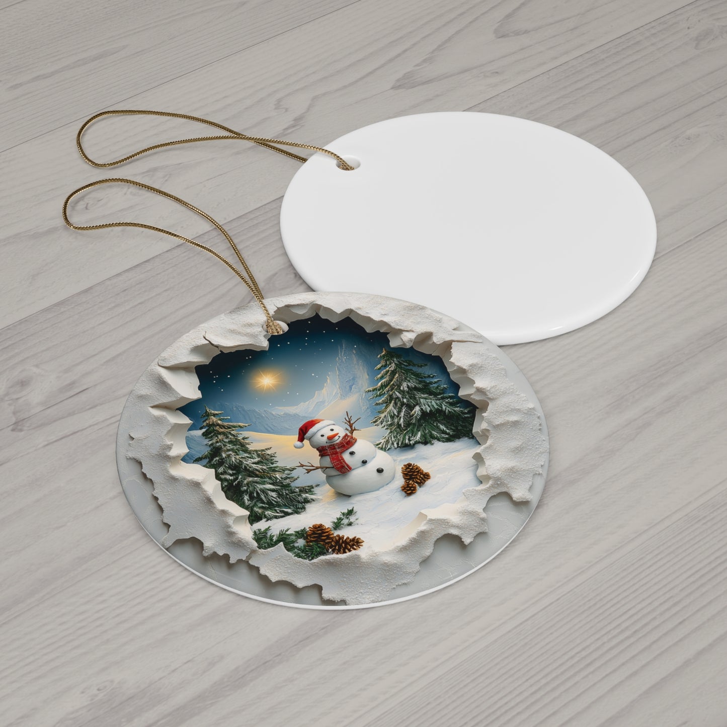 Snowman Mountain Christmas Scene Through Broken Wall Ornament