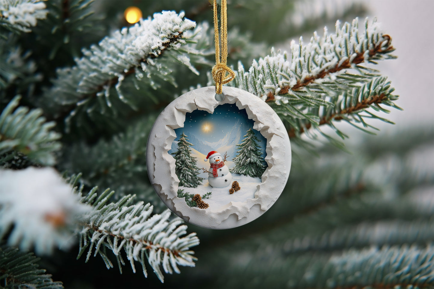 Snowman Mountain Christmas Scene Through Broken Wall Ornament