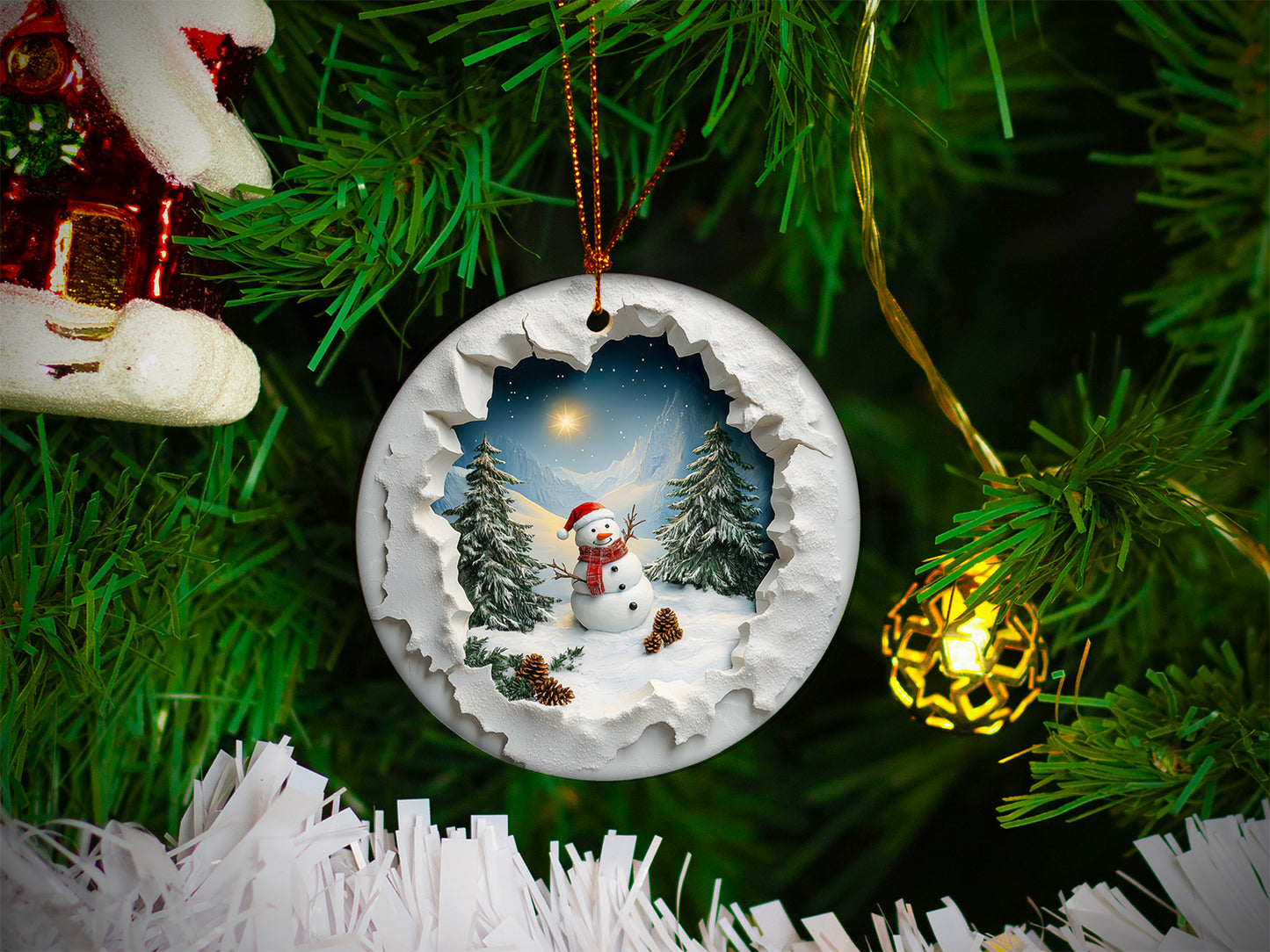 Snowman Mountain Christmas Scene Through Broken Wall Ornament