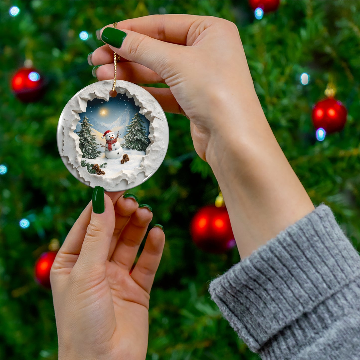 Snowman Mountain Christmas Scene Through Broken Wall Ornament