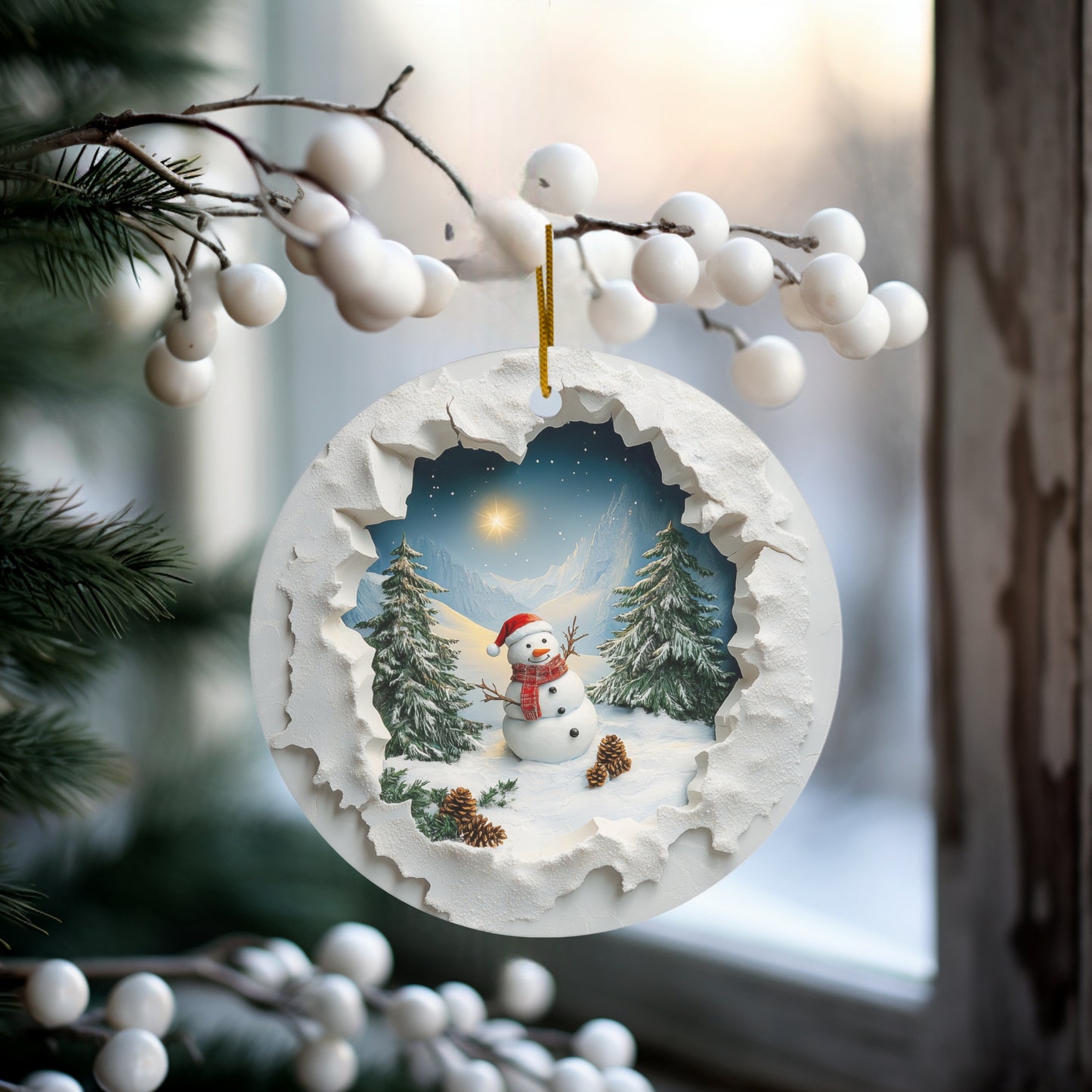 Snowman Mountain Christmas Scene Through Broken Wall Ornament