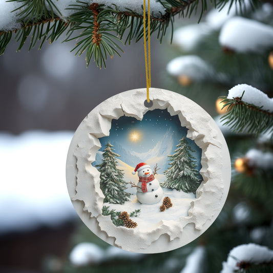 Snowman Mountain Christmas Scene Through Broken Wall Ornament