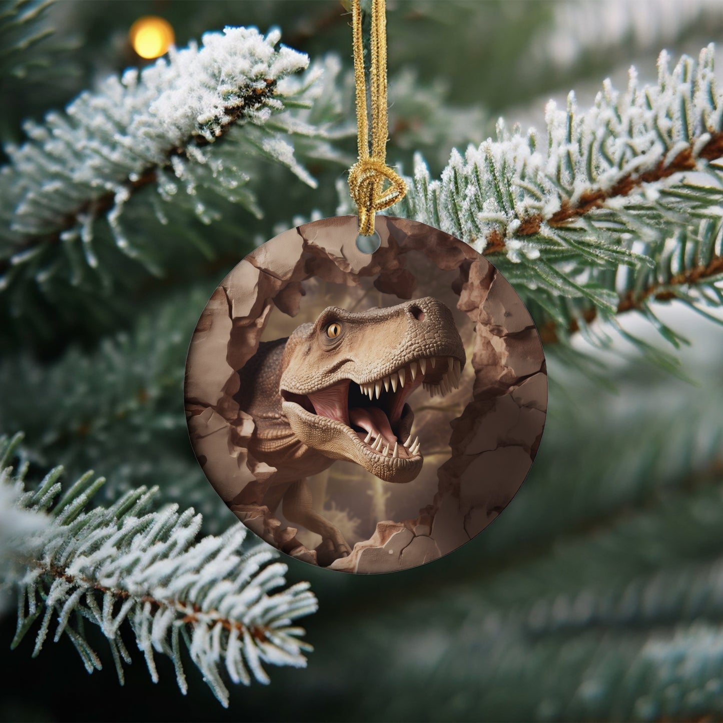 T-Rex Dinosaur Ornament Breaking Through A Wall