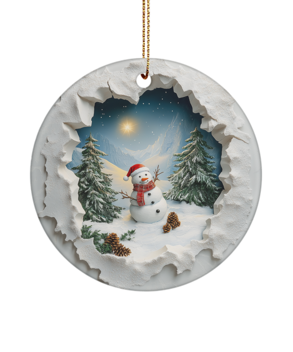 Snowman Mountain Christmas Scene Through Broken Wall Ornament