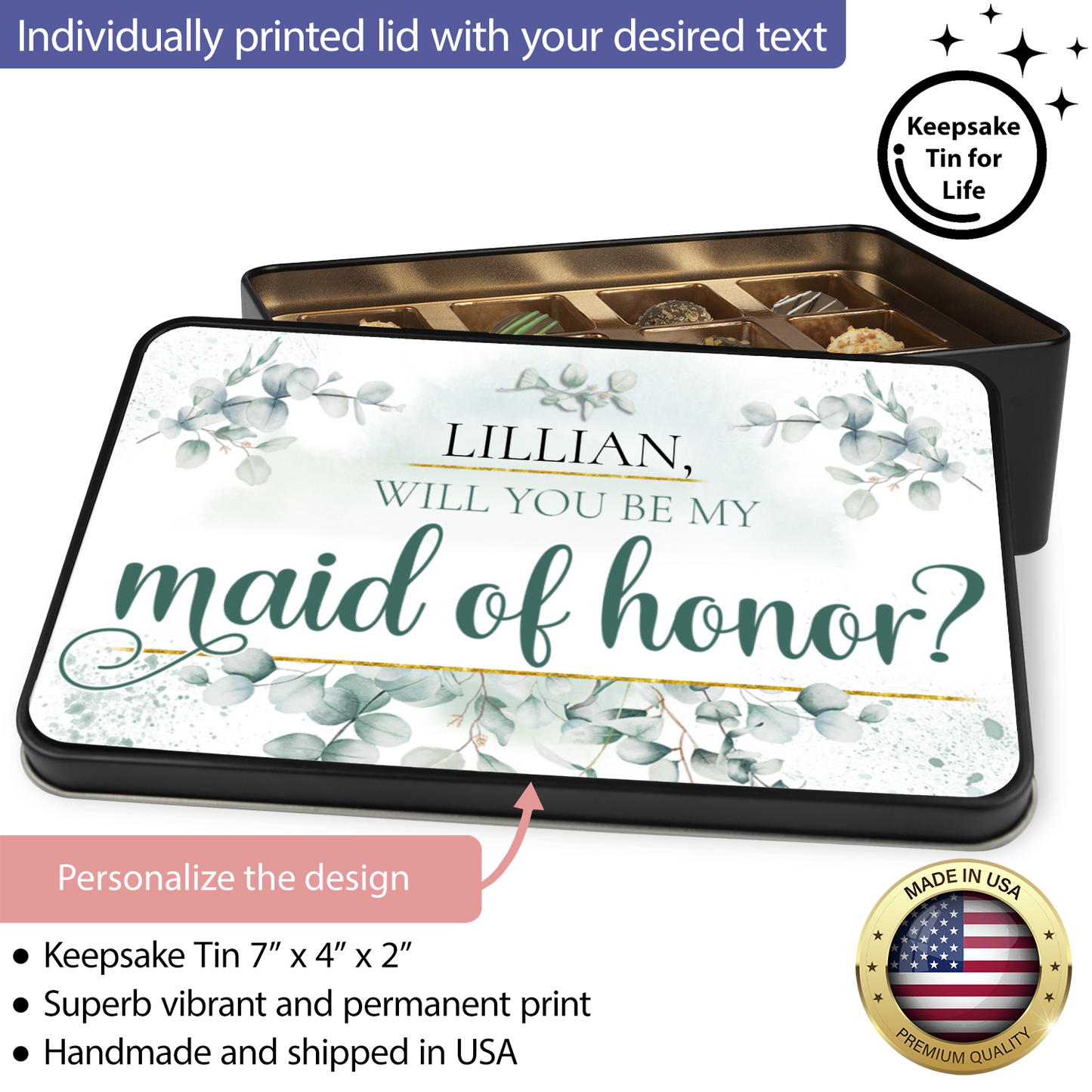 Will You Be My Maid of Honor Proposal Personalized Tin Of Chocolates Keepsake