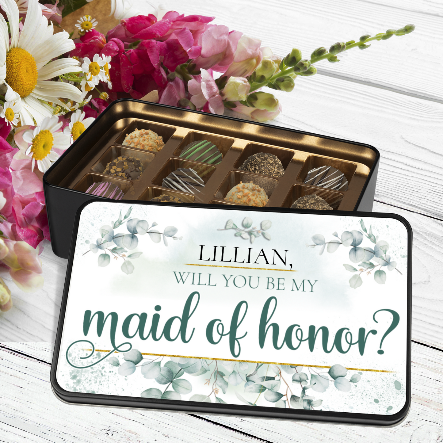 Will You Be My Maid of Honor Proposal Personalized Tin Of Chocolates Keepsake