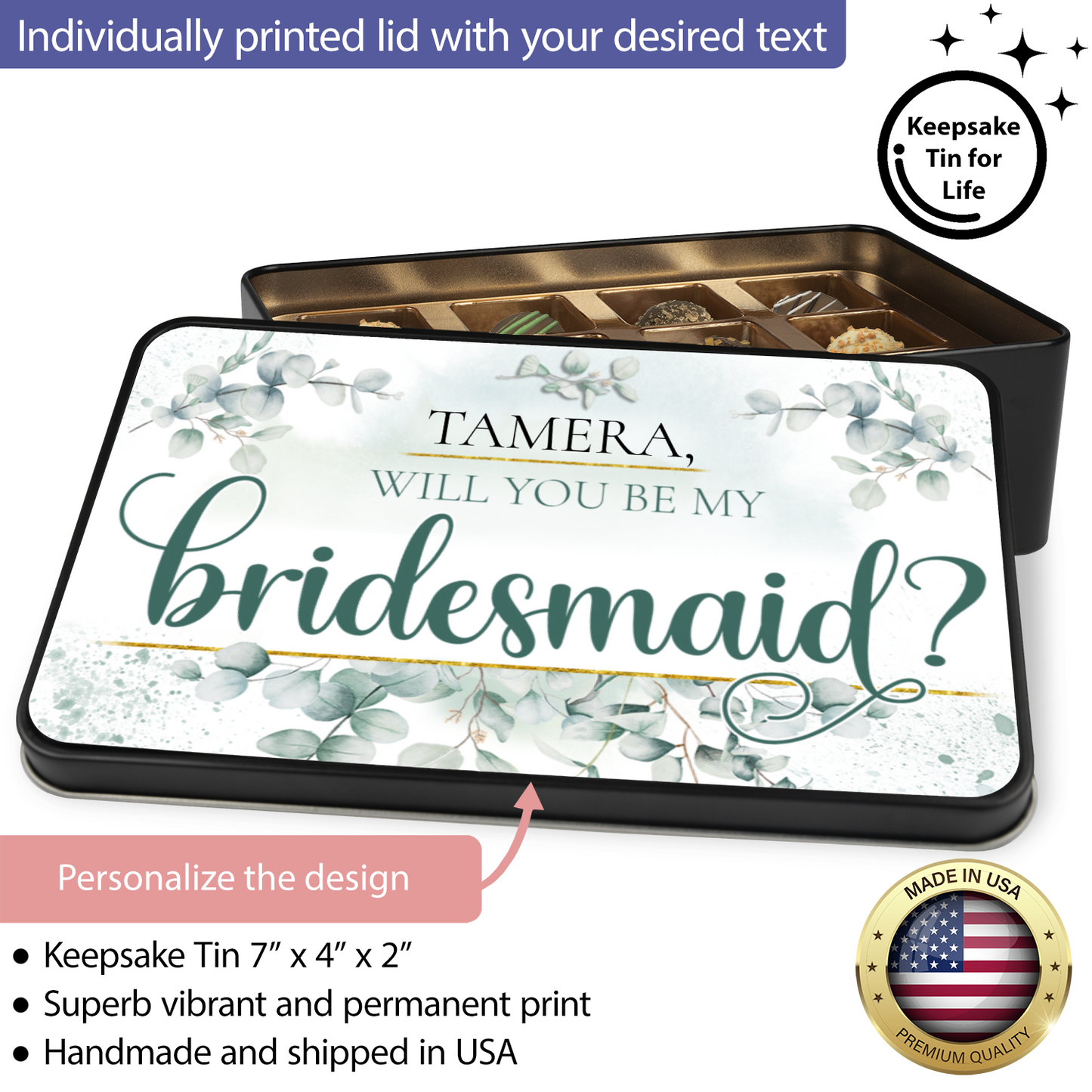 Will You Be My Bridesmaid Proposal Personalized Keepsake Tin Of Chocolates