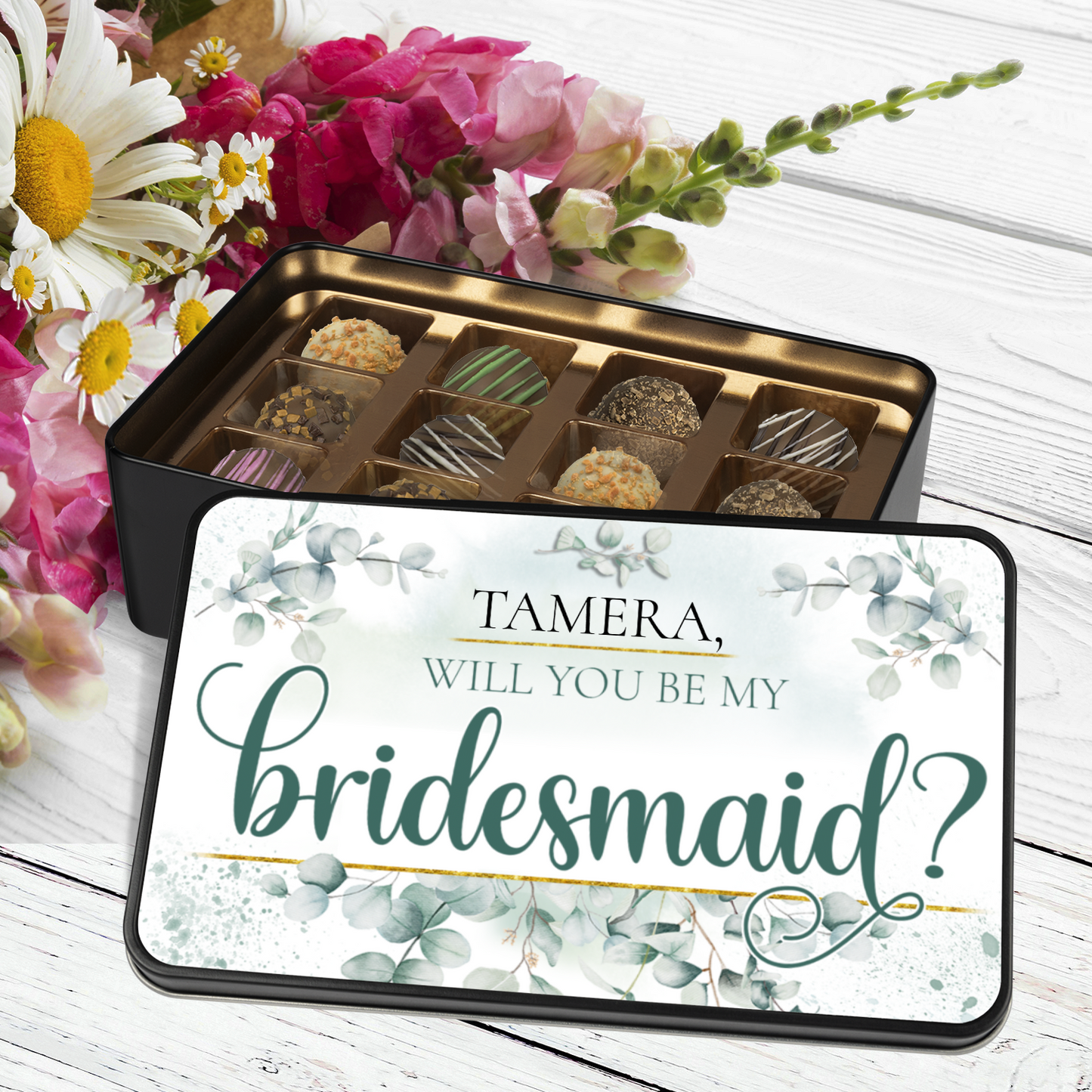 Will You Be My Bridesmaid Proposal Personalized Keepsake Tin Of Chocolates