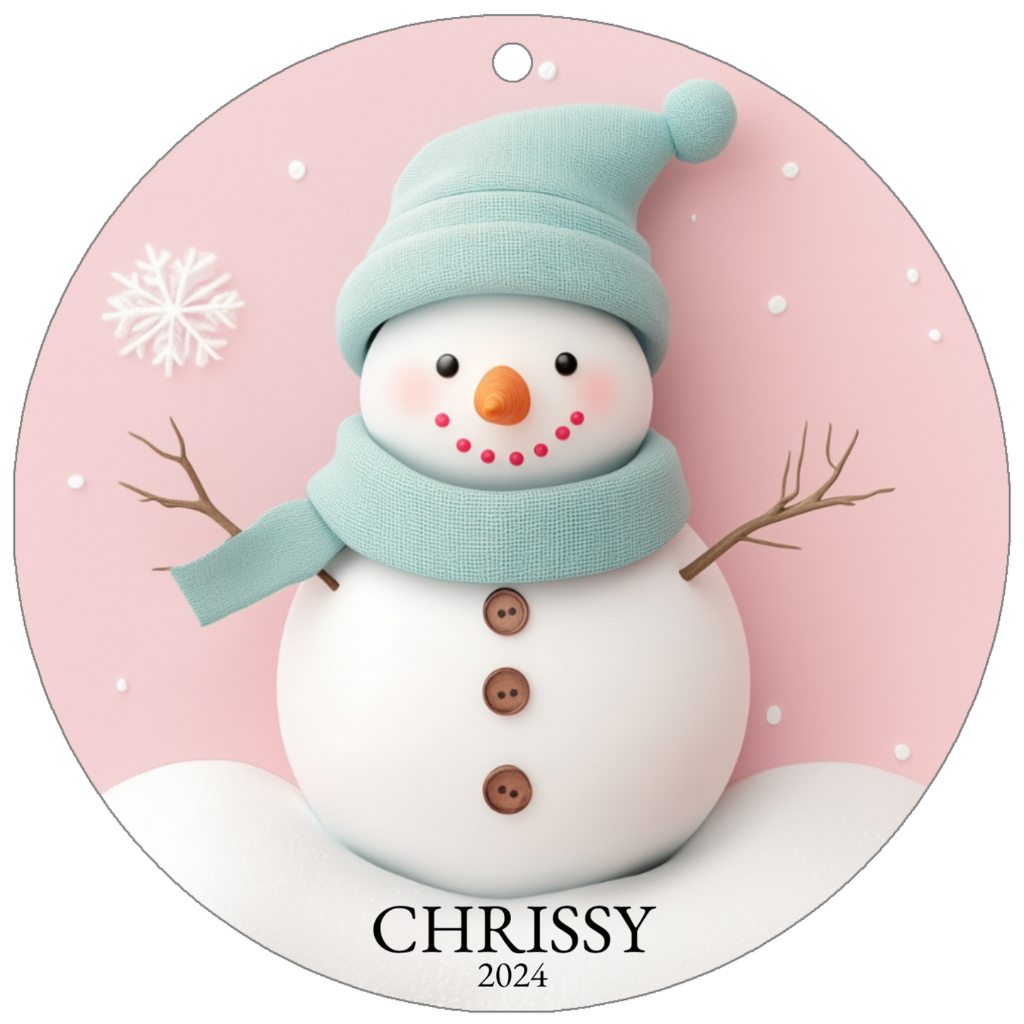 Faux 3D Winter Pink and Green Snowman Personalized Wood Ornament