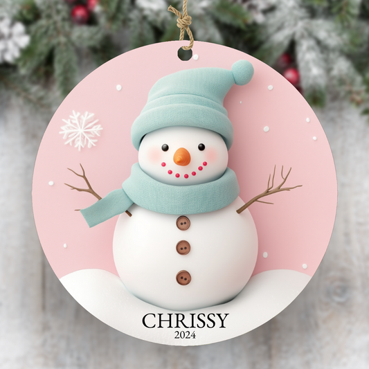 Faux 3D Winter Pink and Green Snowman Personalized Wood Ornament