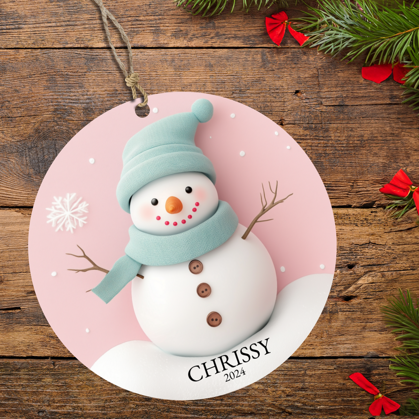 Faux 3D Winter Pink and Green Snowman Personalized Wood Ornament