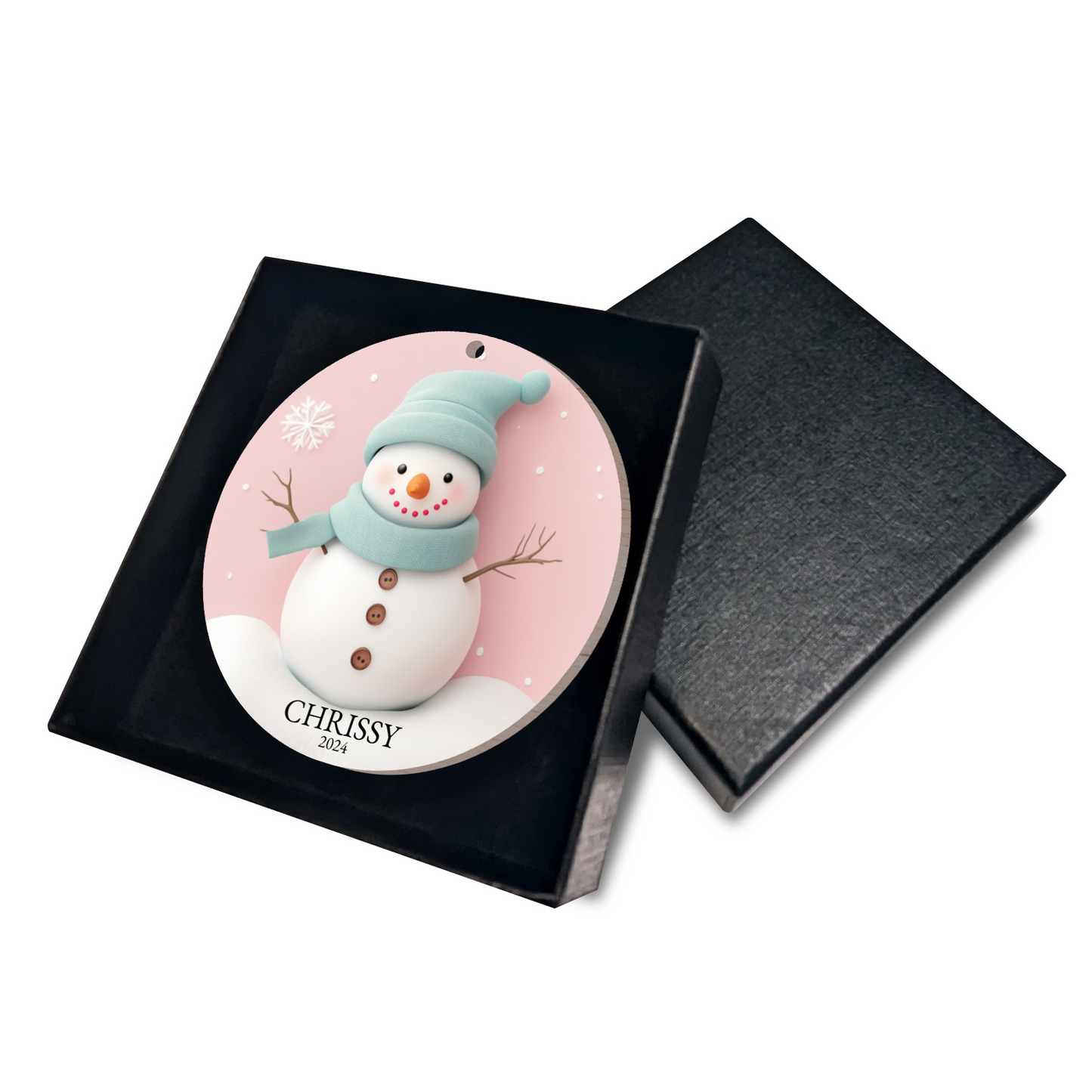 Faux 3D Winter Pink and Green Snowman Personalized Wood Ornament