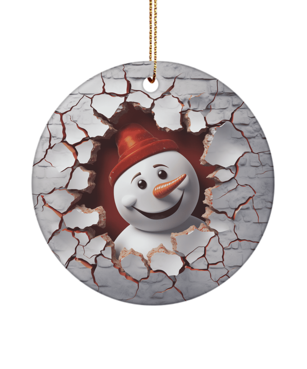 Snowman With Red Hat Breaking Through Wall Ornament