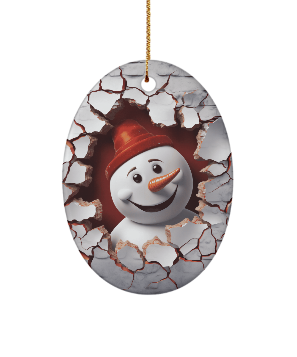 Snowman With Red Hat Breaking Through Wall Ornament